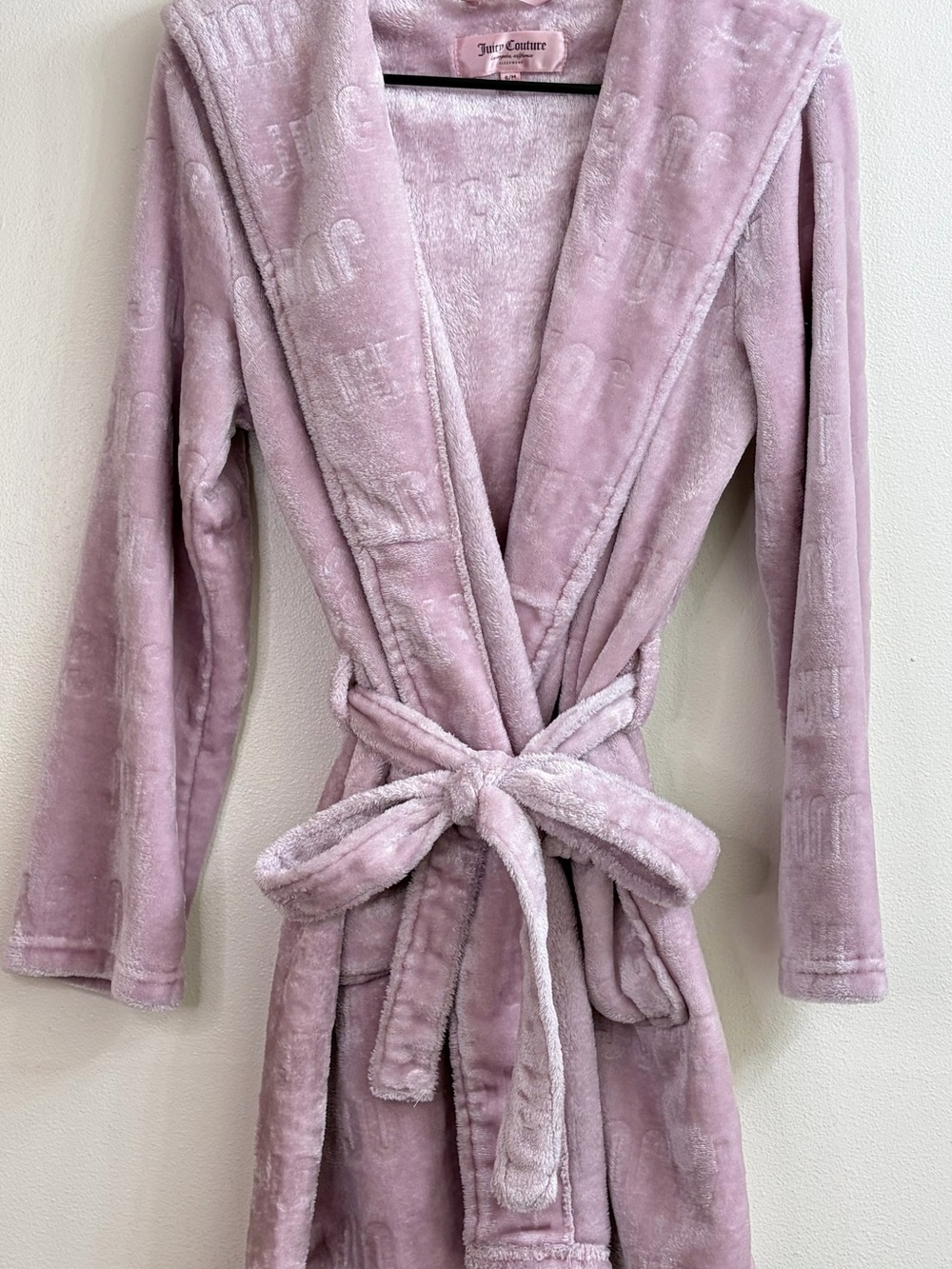 Juicy Couture Plush Hooded Robe in Light Pink with Belt